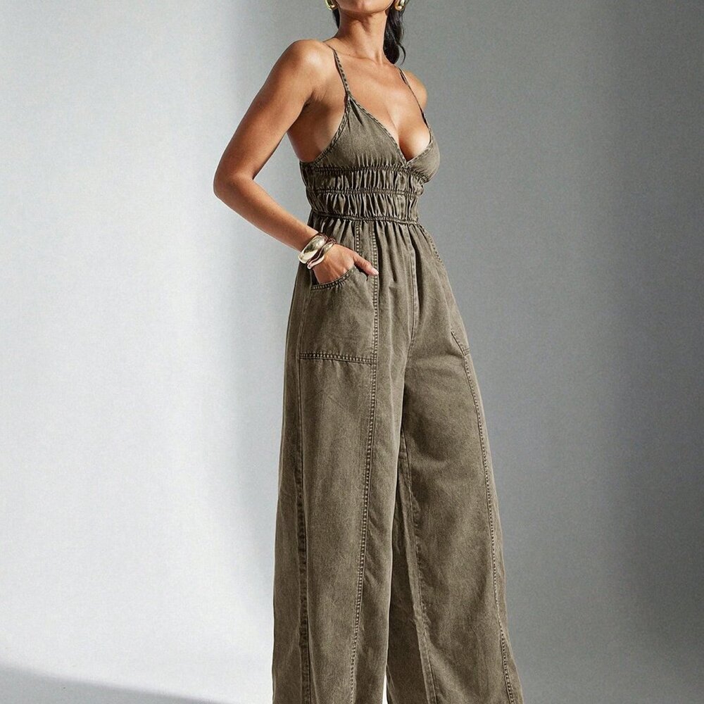 Army Green Sexy Women's Deep V-Neck Ruched Waist Wide Leg Loose Jumpsuit